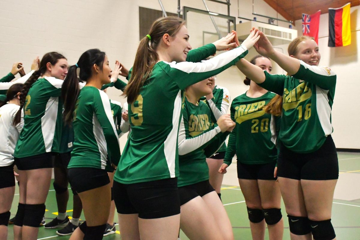 Volleyball players form a line to cheer on their teammates.